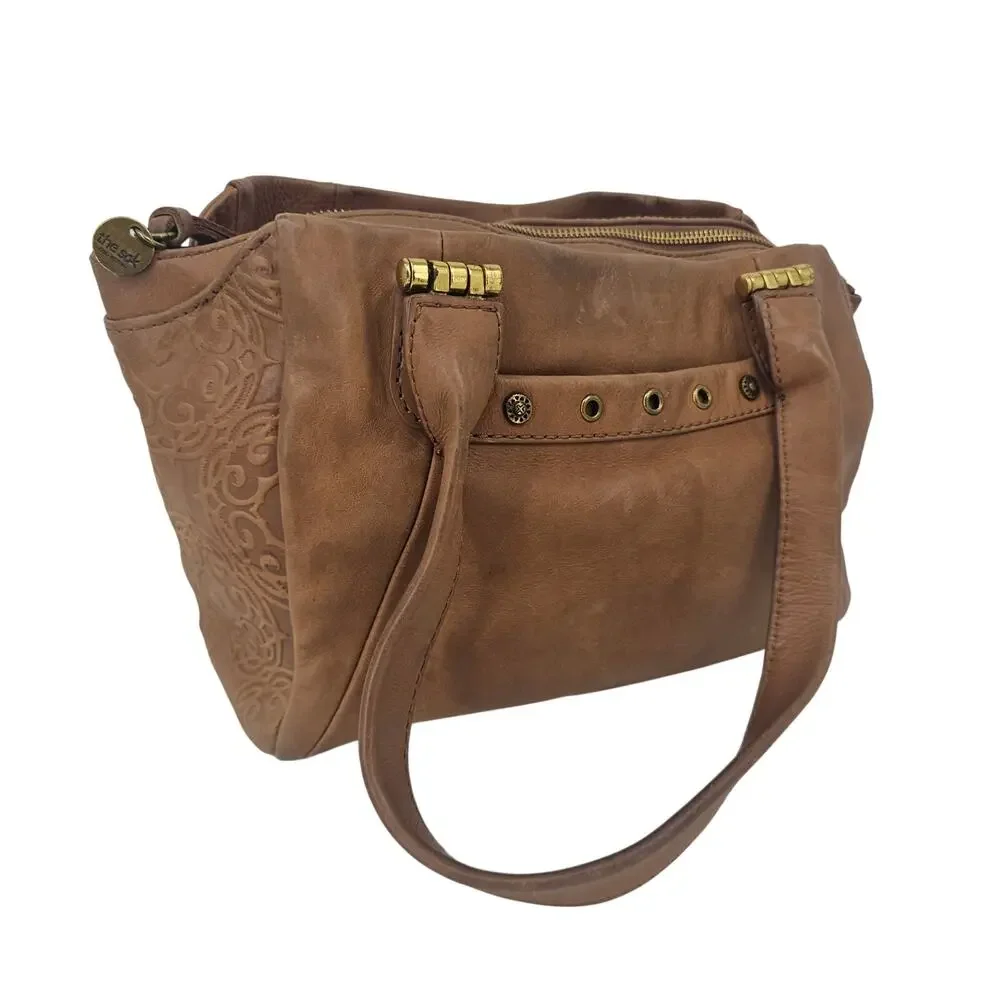 The Sak Serena Tan Brown Distressed Leather Satchel Bag Purse Western Boho Chic